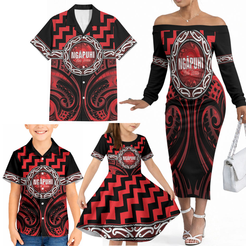 Aotearoa Ngapuhi Personalised Family Matching Off The Shoulder Long Sleeve Dress and Hawaiian Shirt Maori Iwi Poutama Puhoro Tattoo