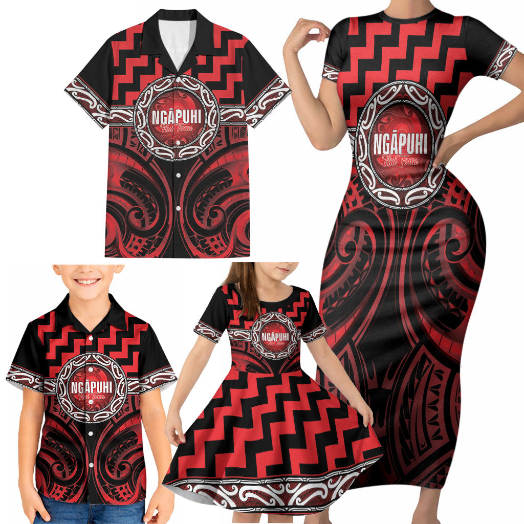 Aotearoa Ngapuhi Personalised Family Matching Short Sleeve Bodycon Dress and Hawaiian Shirt Maori Iwi Poutama Puhoro Tattoo LT14 - Polynesian Pride