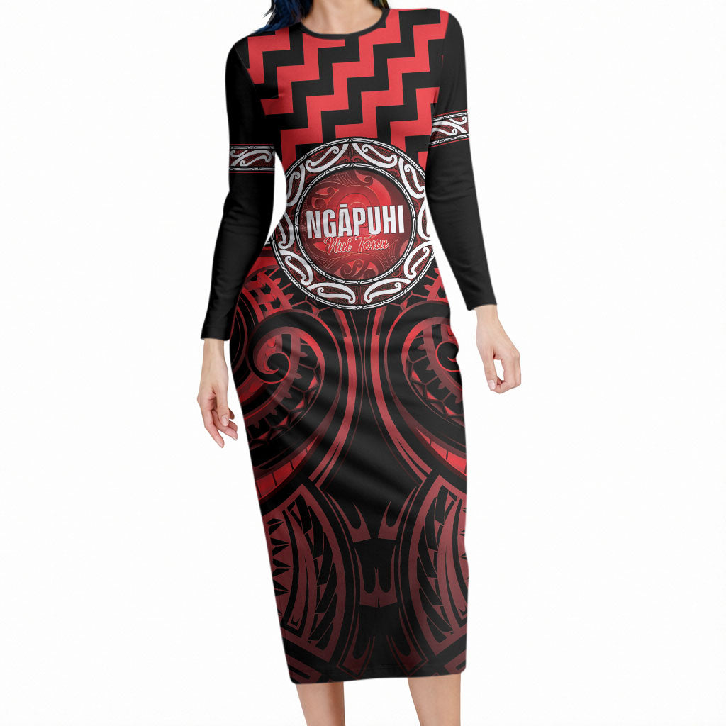 Aotearoa Ngapuhi Personalised Long Sleeve Bodycon Dress Maori Iwi Poutama Puhoro Tattoo