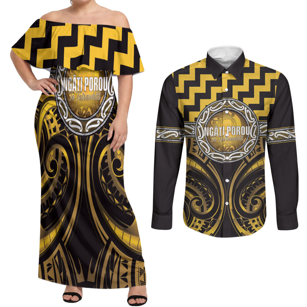 Aotearoa Ngati Porou Personalised Couples Matching Off Shoulder Maxi Dress and Long Sleeve Button Shirt Maori Iwi Poutama Puhoro Tattoo