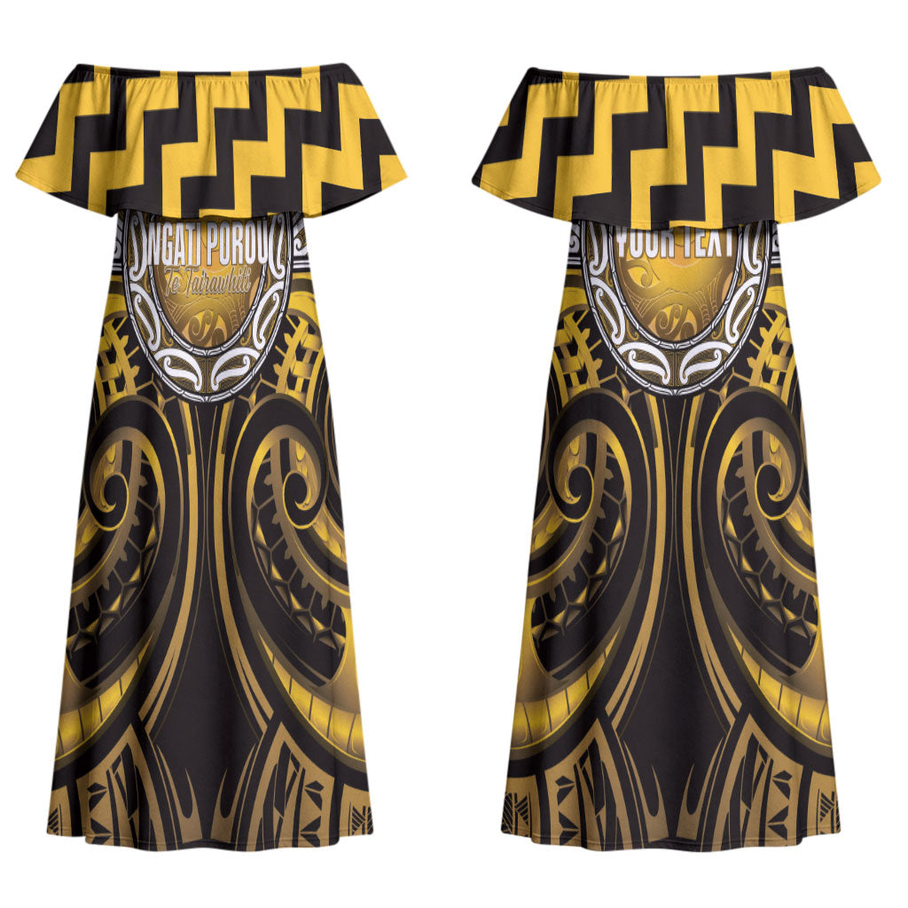 Aotearoa Ngati Porou Personalised Couples Matching Off Shoulder Maxi Dress and Long Sleeve Button Shirt Maori Iwi Poutama Puhoro Tattoo