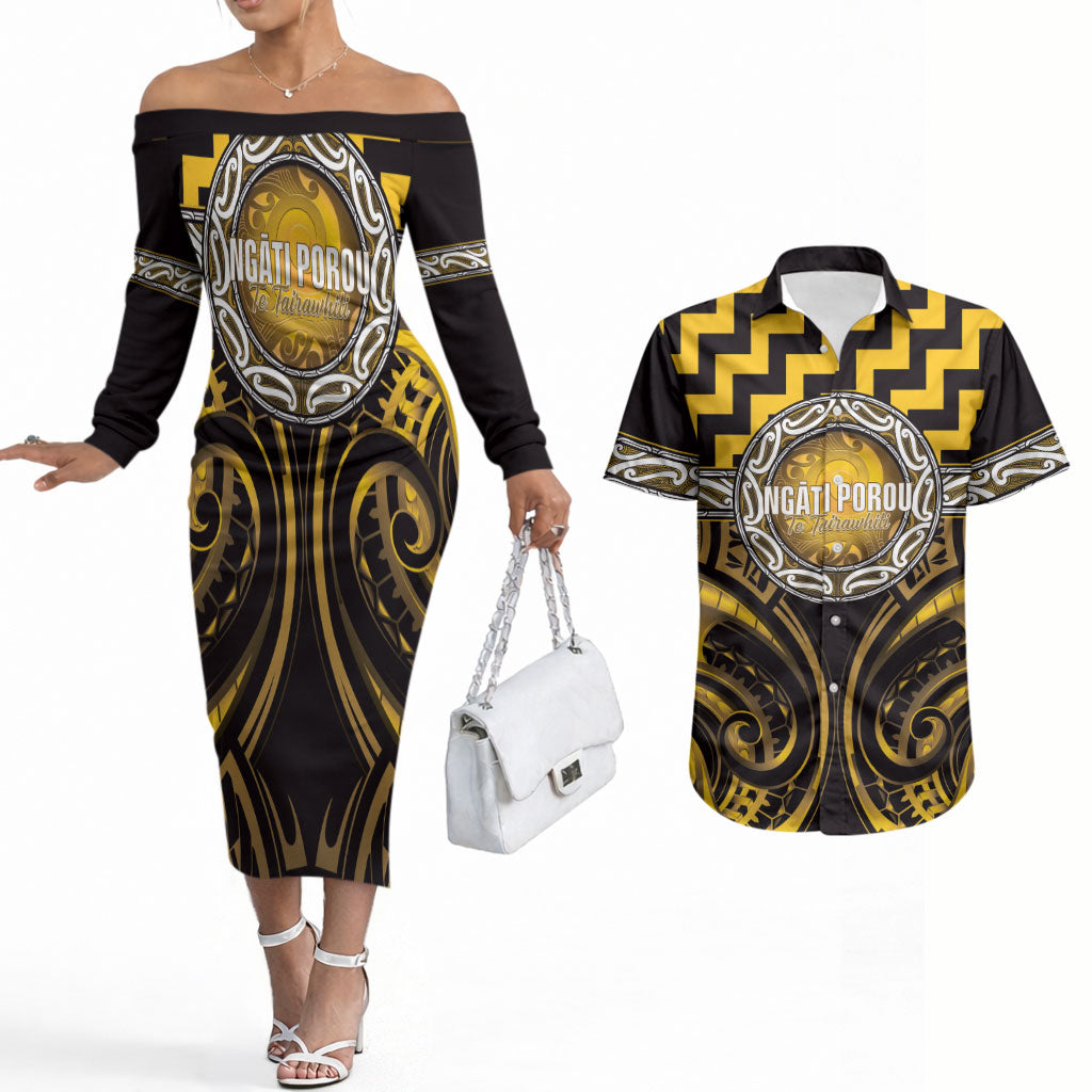 Aotearoa Ngati Porou Personalised Couples Matching Off The Shoulder Long Sleeve Dress and Hawaiian Shirt Maori Iwi Poutama Puhoro Tattoo LT14 Yellow - Polynesian Pride