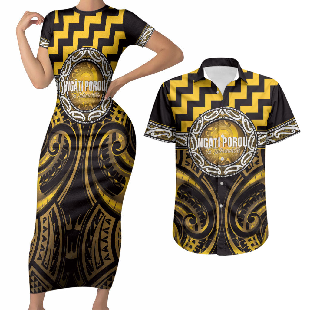 Aotearoa Ngati Porou Personalised Couples Matching Short Sleeve Bodycon Dress and Hawaiian Shirt Maori Iwi Poutama Puhoro Tattoo LT14 Yellow - Polynesian Pride