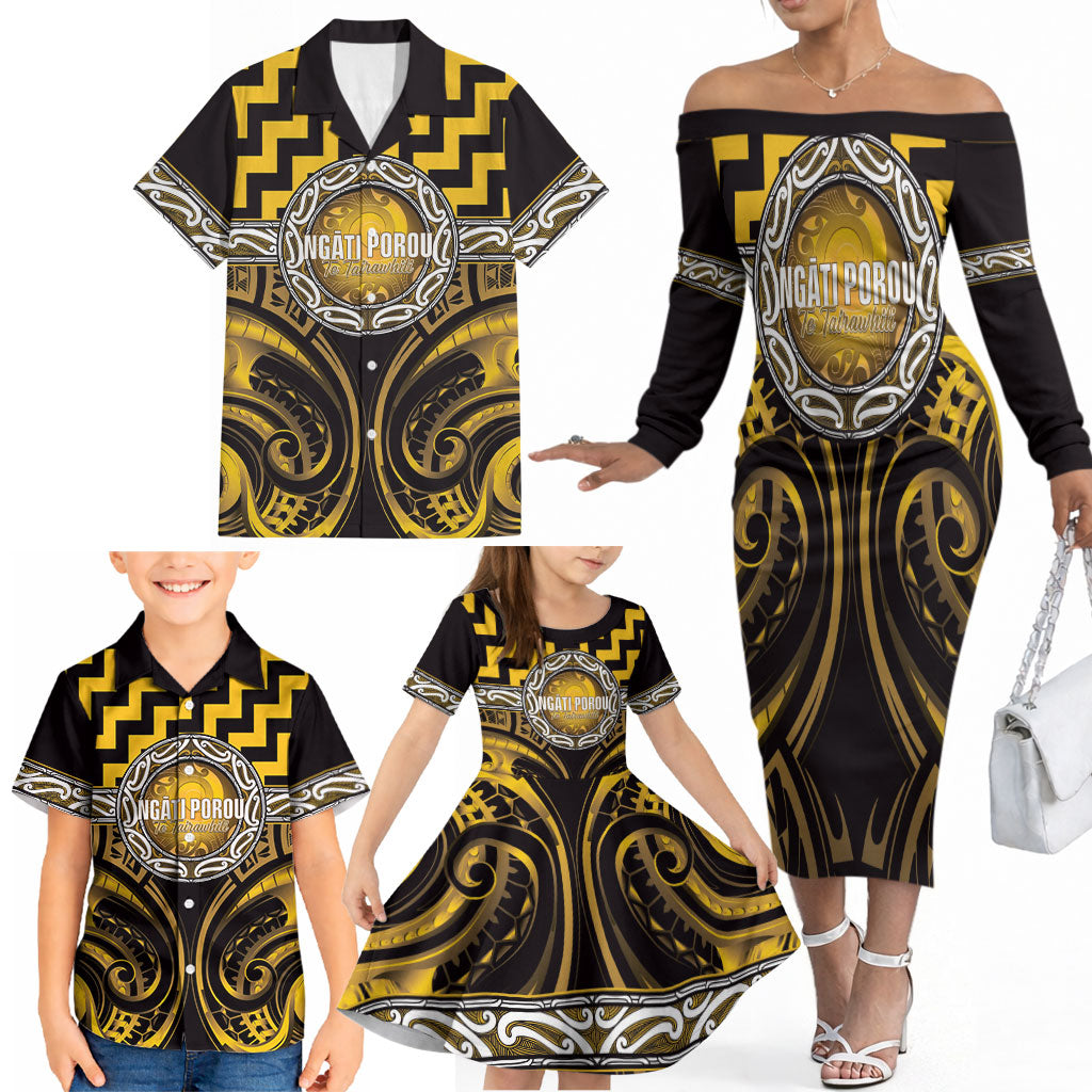 Aotearoa Ngati Porou Personalised Family Matching Off The Shoulder Long Sleeve Dress and Hawaiian Shirt Maori Iwi Poutama Puhoro Tattoo LT14 - Polynesian Pride