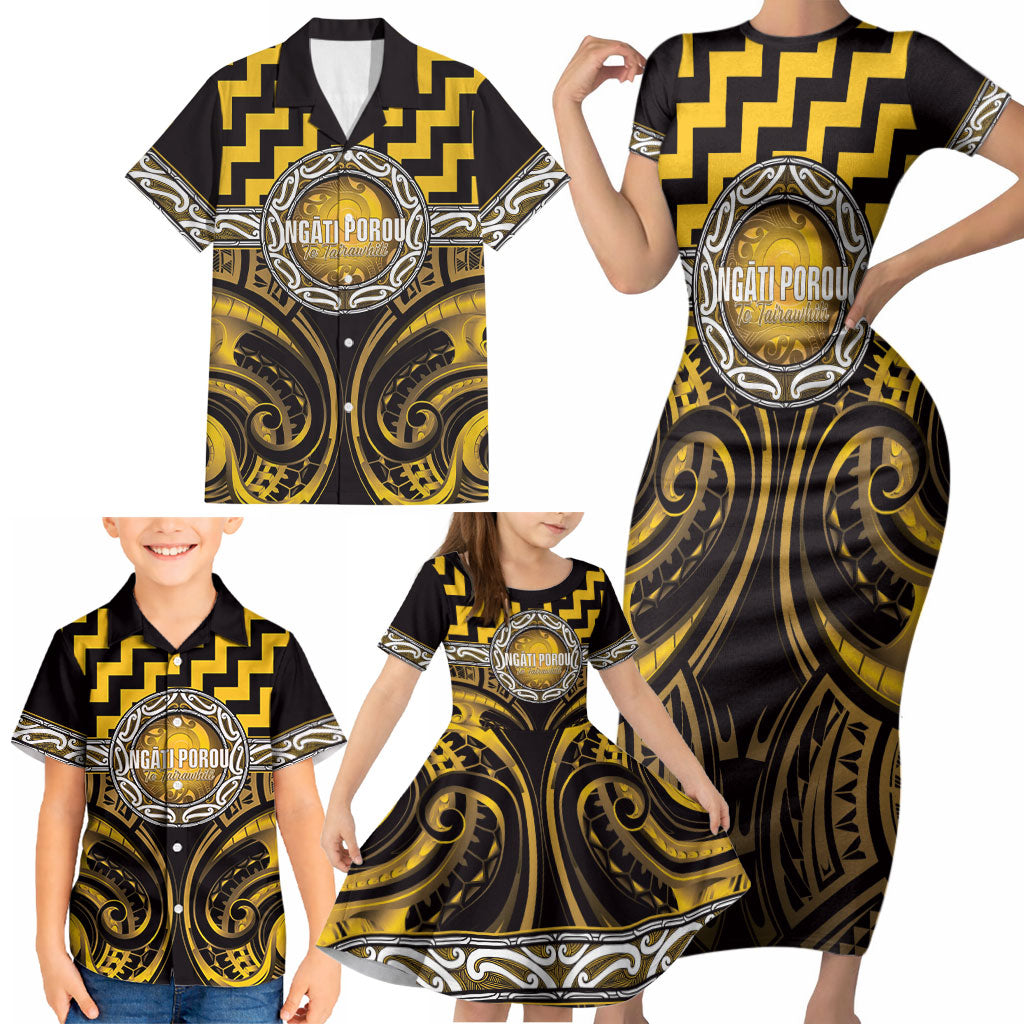 Aotearoa Ngati Porou Personalised Family Matching Short Sleeve Bodycon Dress and Hawaiian Shirt Maori Iwi Poutama Puhoro Tattoo LT14 - Polynesian Pride