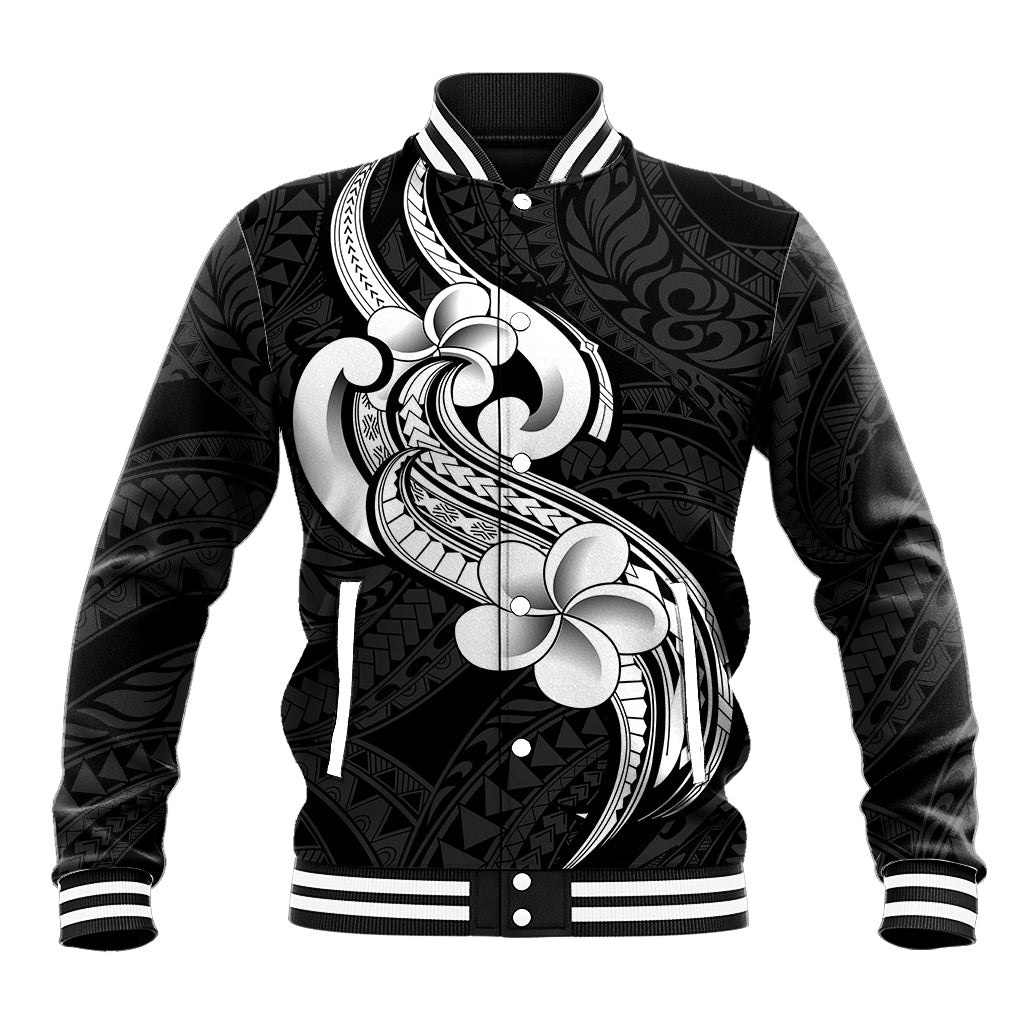 Polynesia Baseball Jacket Plumeria With Tribal Pattern Black Vibes LT14 Unisex Black - Polynesian Pride