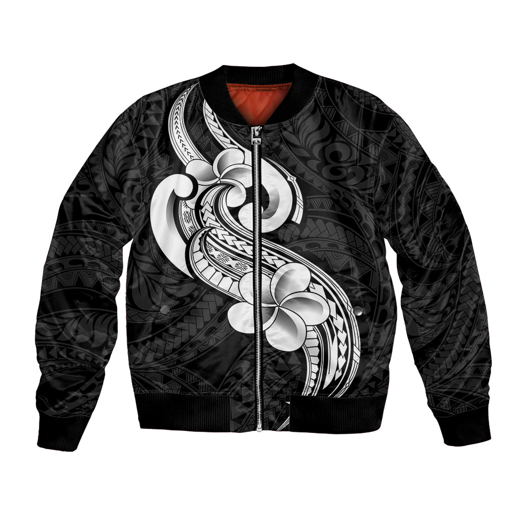 Polynesia Bomber Jacket Plumeria With Tribal Pattern Black Vibes LT14 Unisex Black - Polynesian Pride