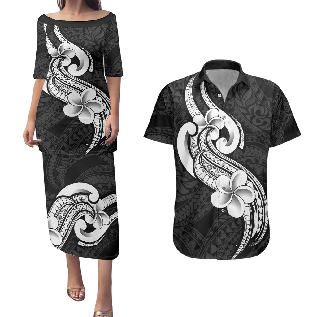 Polynesia Couples Matching Puletasi Dress and Hawaiian Shirt Plumeria With Tribal Pattern Black Vibes LT14 Black - Polynesian Pride
