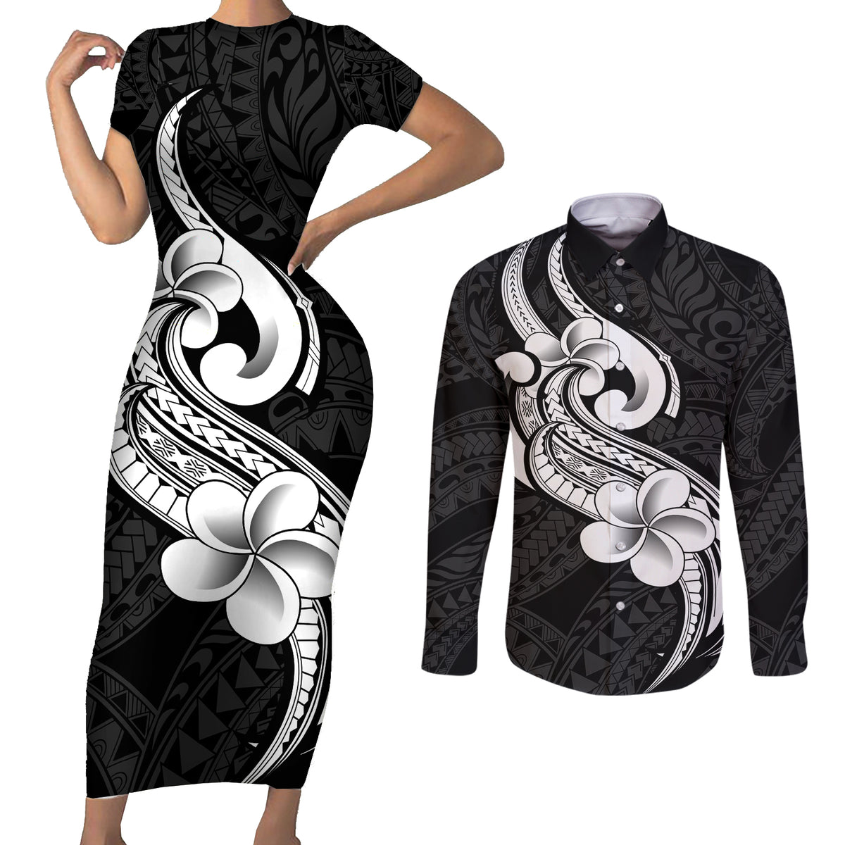 Polynesia Couples Matching Short Sleeve Bodycon Dress and Long Sleeve Button Shirts Plumeria With Tribal Pattern Black Vibes LT14 Black - Polynesian Pride