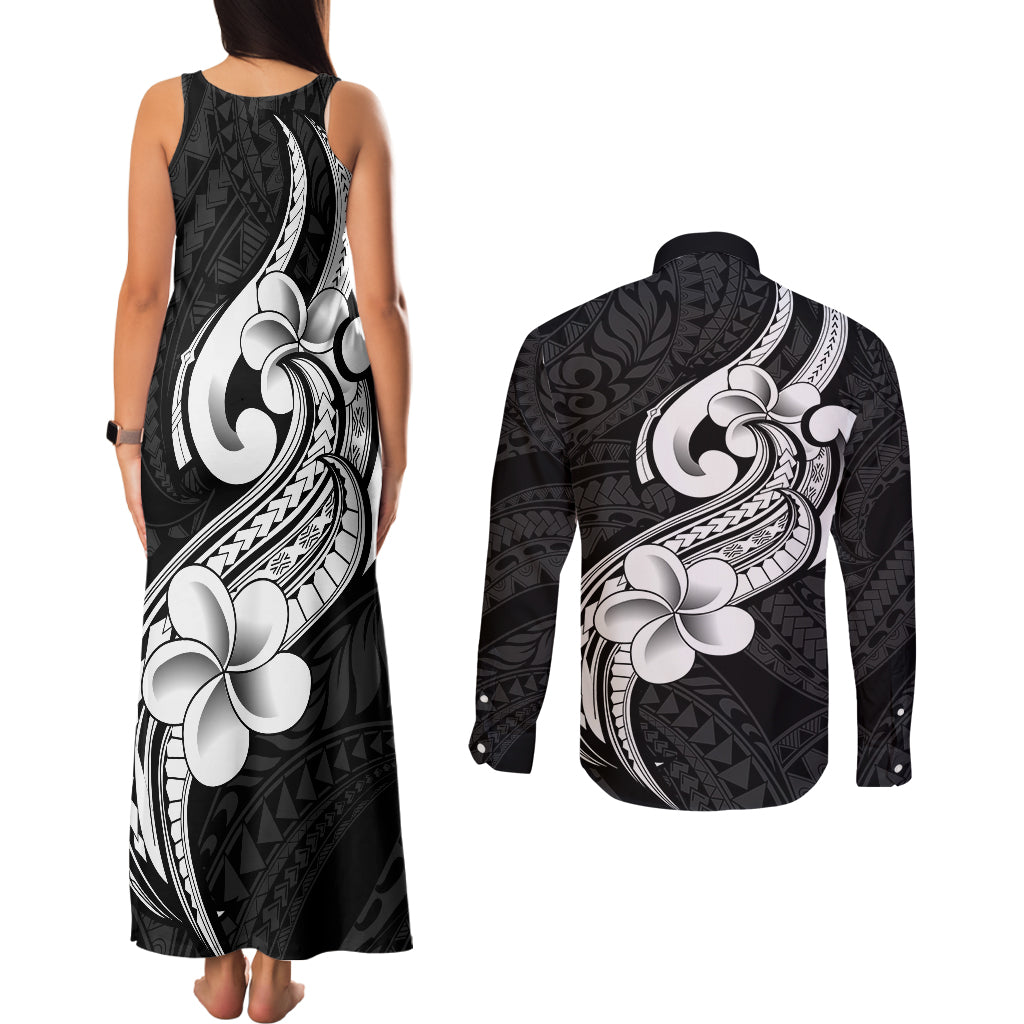 Polynesia Couples Matching Tank Maxi Dress and Long Sleeve Button Shirts Plumeria With Tribal Pattern Black Vibes LT14 - Polynesian Pride