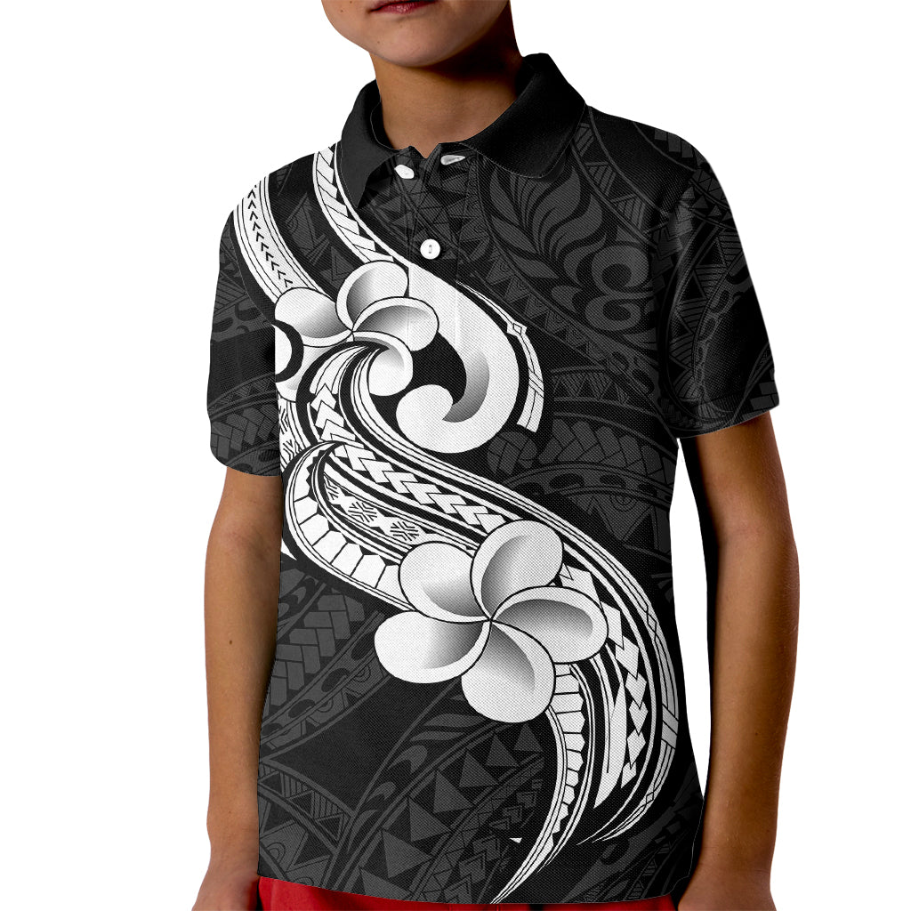 Polynesia Kid Polo Shirt Plumeria With Tribal Pattern Black Vibes LT14 Kid Black - Polynesian Pride