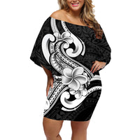 Polynesia Off Shoulder Short Dress Plumeria With Tribal Pattern Black Vibes LT14 Women Black - Polynesian Pride