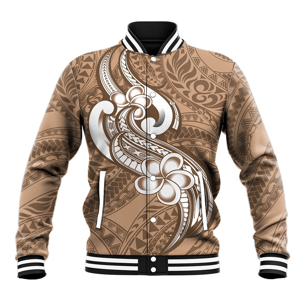 Polynesia Baseball Jacket Plumeria With Tribal Pattern Brown Pastel Vibes LT14 Unisex Brown - Polynesian Pride