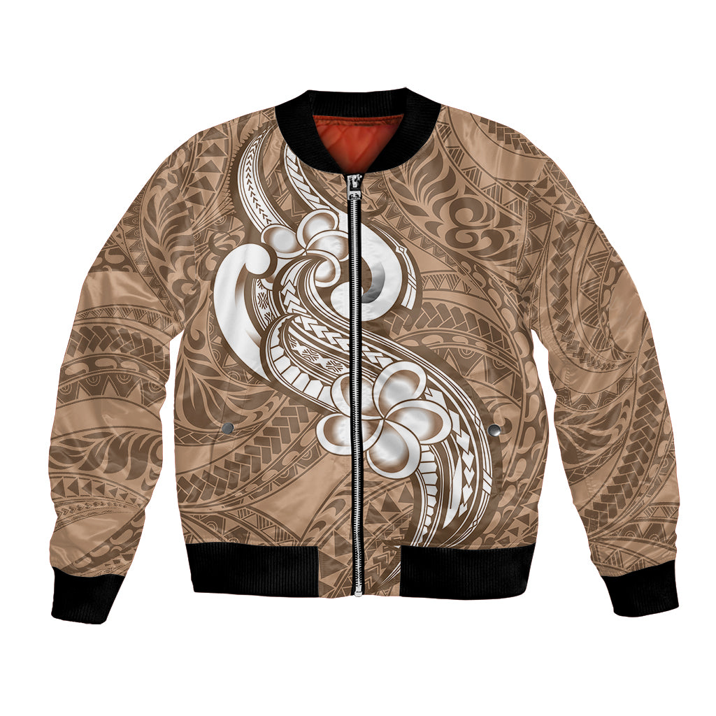 Polynesia Bomber Jacket Plumeria With Tribal Pattern Brown Pastel Vibes LT14 Unisex Brown - Polynesian Pride