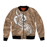 Polynesia Bomber Jacket Plumeria With Tribal Pattern Brown Pastel Vibes LT14 Unisex Brown - Polynesian Pride