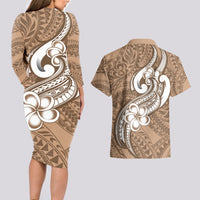 Polynesia Couples Matching Long Sleeve Bodycon Dress and Hawaiian Shirt Plumeria With Tribal Pattern Brown Pastel Vibes LT14 - Polynesian Pride
