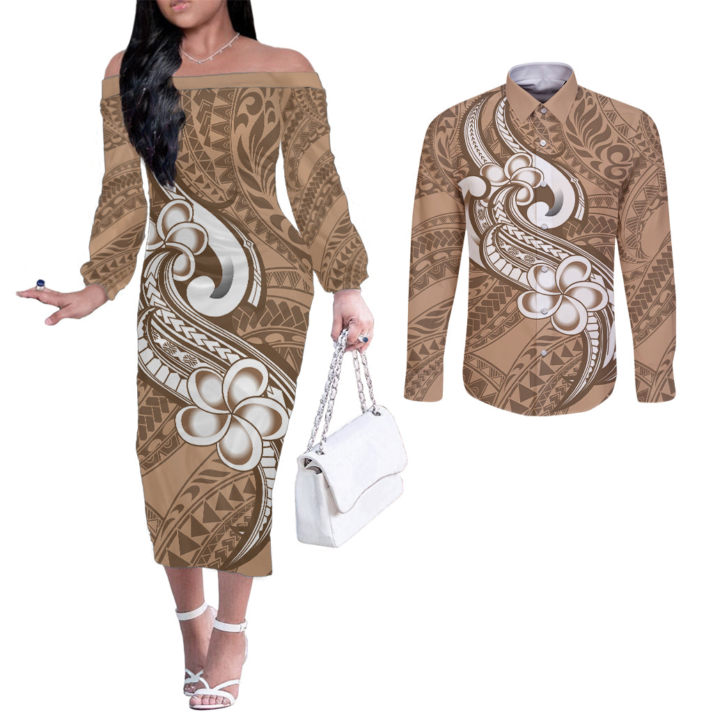 Polynesia Couples Matching Off The Shoulder Long Sleeve Dress and Long Sleeve Button Shirts Plumeria With Tribal Pattern Brown Pastel Vibes LT14 Brown - Polynesian Pride