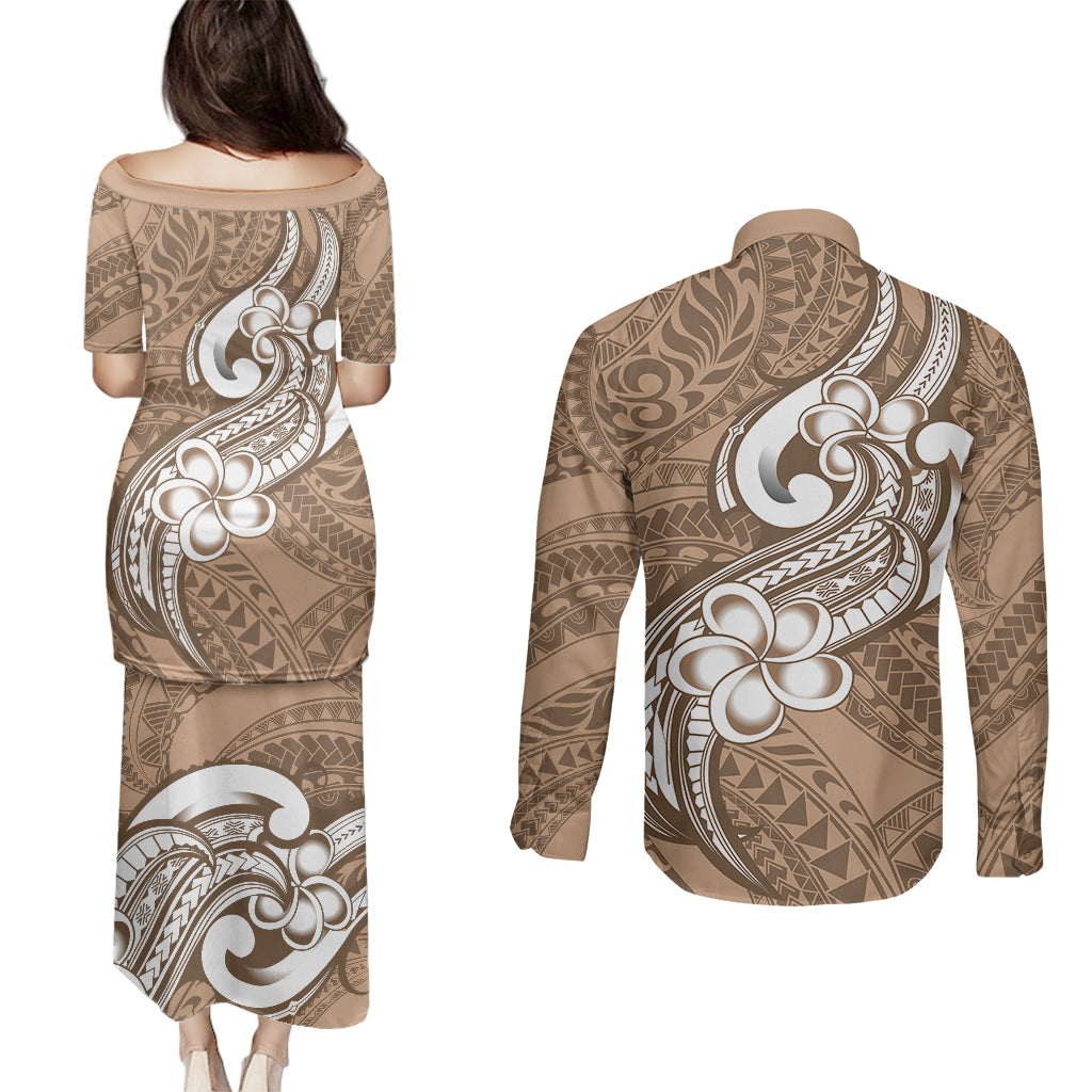 Polynesia Couples Matching Puletasi Dress and Long Sleeve Button Shirts Plumeria With Tribal Pattern Brown Pastel Vibes LT14 - Polynesian Pride