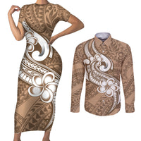 Polynesia Couples Matching Short Sleeve Bodycon Dress and Long Sleeve Button Shirts Plumeria With Tribal Pattern Brown Pastel Vibes LT14 Brown - Polynesian Pride