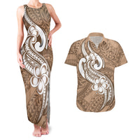 Polynesia Couples Matching Tank Maxi Dress and Hawaiian Shirt Plumeria With Tribal Pattern Brown Pastel Vibes LT14 Brown - Polynesian Pride