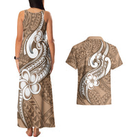 Polynesia Couples Matching Tank Maxi Dress and Hawaiian Shirt Plumeria With Tribal Pattern Brown Pastel Vibes LT14 - Polynesian Pride