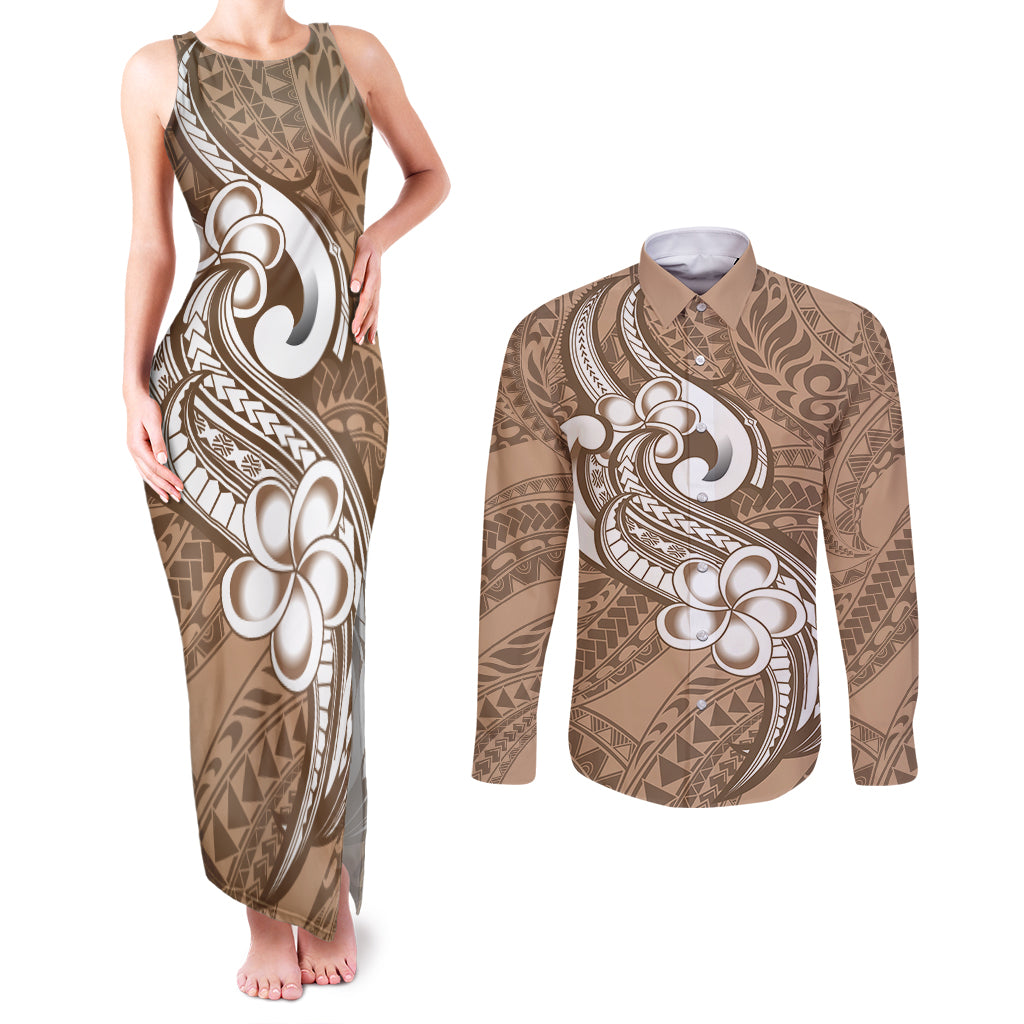Polynesia Couples Matching Tank Maxi Dress and Long Sleeve Button Shirts Plumeria With Tribal Pattern Brown Pastel Vibes LT14 Brown - Polynesian Pride