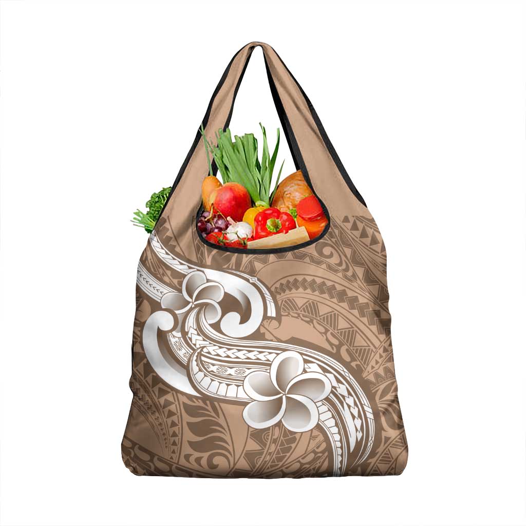 Polynesia Grocery Bag Plumeria With Tribal Pattern Brown Pastel