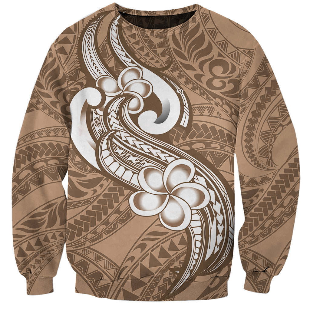Polynesia Sweatshirt Plumeria With Tribal Pattern Brown Pastel Vibes LT14 Unisex Brown - Polynesian Pride