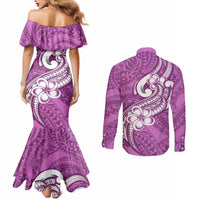 Polynesia Couples Matching Mermaid Dress and Long Sleeve Button Shirts Plumeria With Tribal Pattern Pink Pastel Vibes LT14 - Polynesian Pride