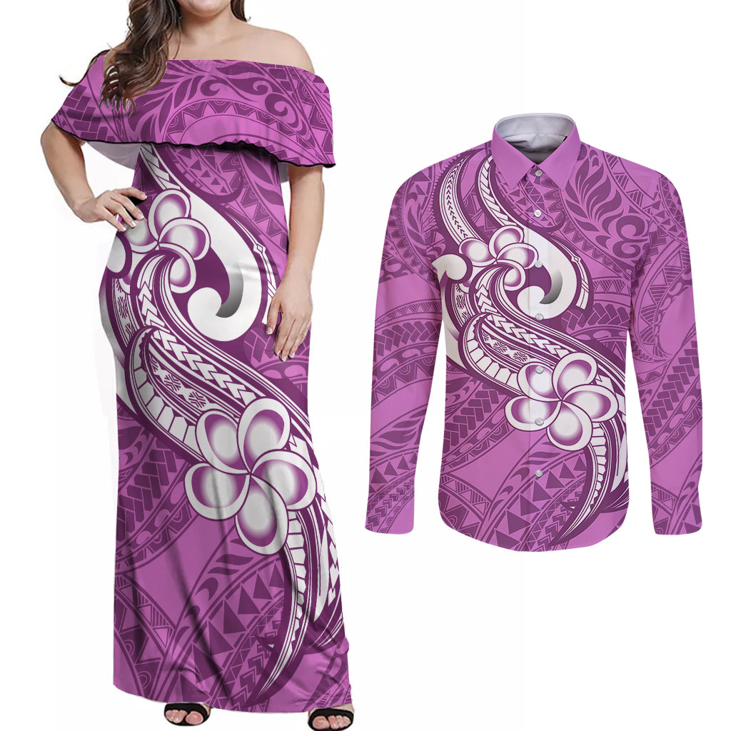 Polynesia Couples Matching Off Shoulder Maxi Dress and Long Sleeve Button Shirts Plumeria With Tribal Pattern Pink Pastel Vibes LT14 Pink - Polynesian Pride