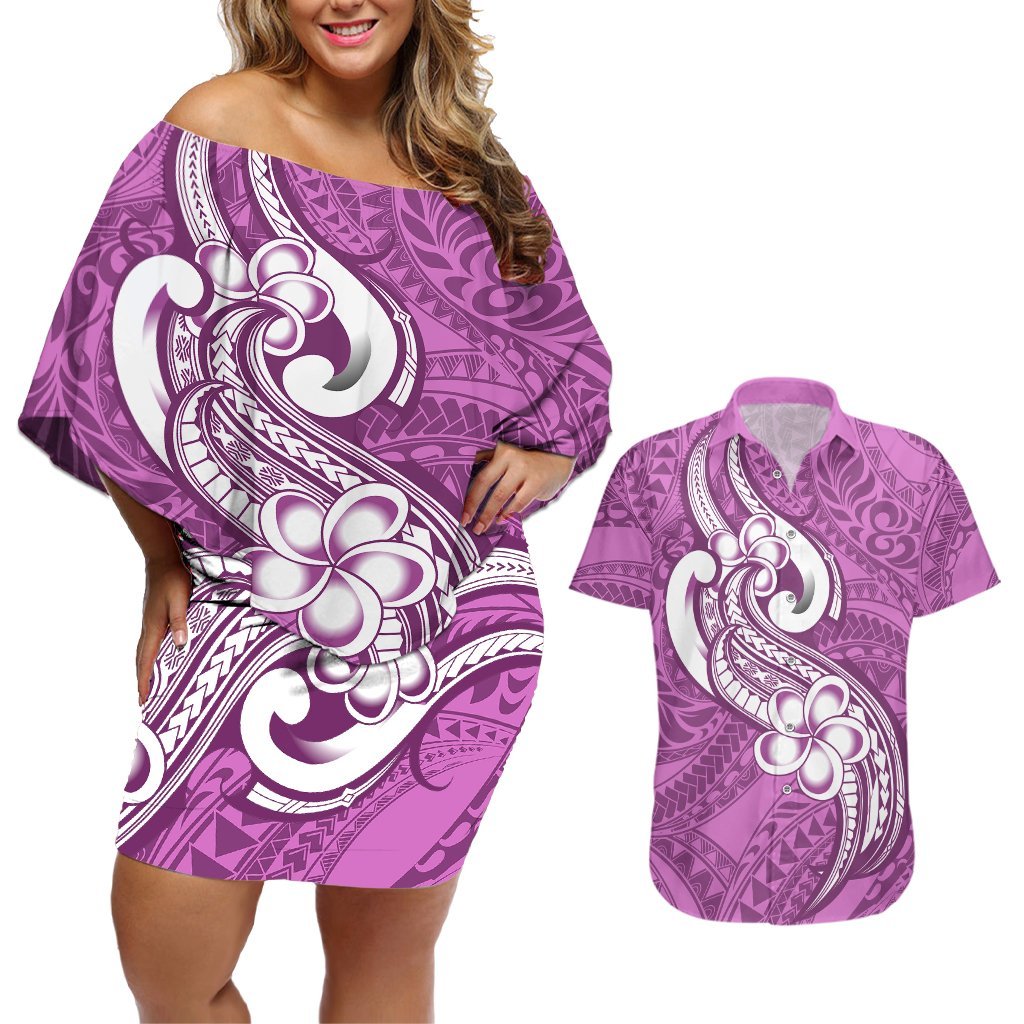 Polynesia Couples Matching Off Shoulder Short Dress and Hawaiian Shirt Plumeria With Tribal Pattern Pink Pastel Vibes LT14 Pink - Polynesian Pride