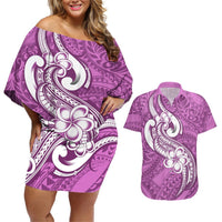 Polynesia Couples Matching Off Shoulder Short Dress and Hawaiian Shirt Plumeria With Tribal Pattern Pink Pastel Vibes LT14 Pink - Polynesian Pride