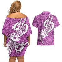 Polynesia Couples Matching Off Shoulder Short Dress and Hawaiian Shirt Plumeria With Tribal Pattern Pink Pastel Vibes LT14 - Polynesian Pride