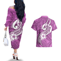 Polynesia Couples Matching Off The Shoulder Long Sleeve Dress and Hawaiian Shirt Plumeria With Tribal Pattern Pink Pastel Vibes LT14 - Polynesian Pride
