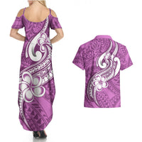 Polynesia Couples Matching Summer Maxi Dress and Hawaiian Shirt Plumeria With Tribal Pattern Pink Pastel Vibes LT14 - Polynesian Pride