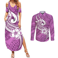 Polynesia Couples Matching Summer Maxi Dress and Long Sleeve Button Shirts Plumeria With Tribal Pattern Pink Pastel Vibes LT14 Pink - Polynesian Pride