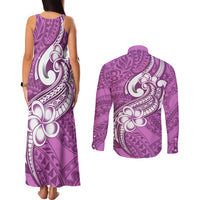 Polynesia Couples Matching Tank Maxi Dress and Long Sleeve Button Shirts Plumeria With Tribal Pattern Pink Pastel Vibes LT14 - Polynesian Pride