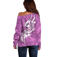 Polynesia Off Shoulder Sweater Plumeria With Tribal Pattern Pink Pastel Vibes LT14 - Polynesian Pride