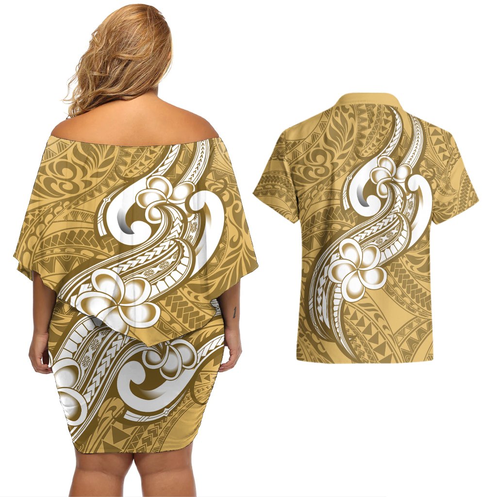 Polynesia Couples Matching Off Shoulder Short Dress and Hawaiian Shirt Plumeria With Tribal Pattern Yellow Pastel Vibes LT14 - Polynesian Pride