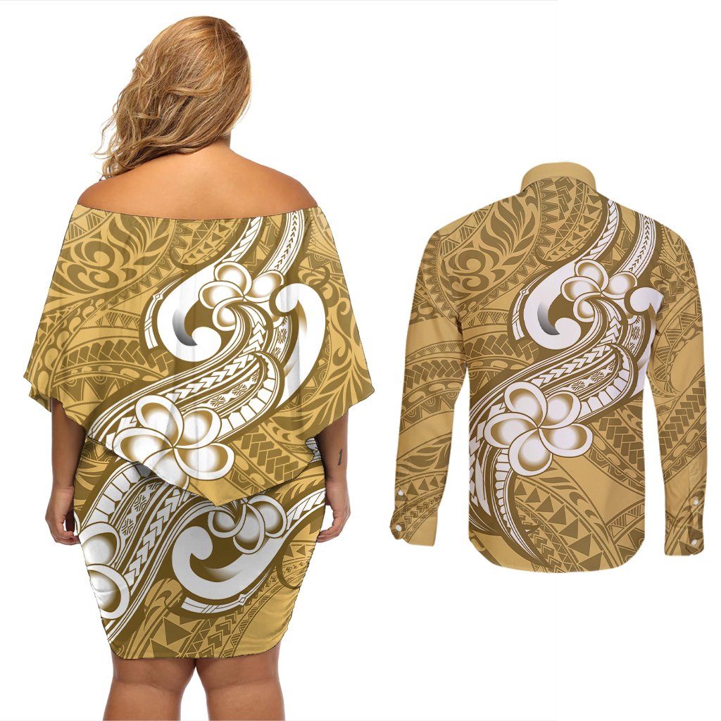 Polynesia Couples Matching Off Shoulder Short Dress and Long Sleeve Button Shirts Plumeria With Tribal Pattern Yellow Pastel Vibes LT14 - Polynesian Pride