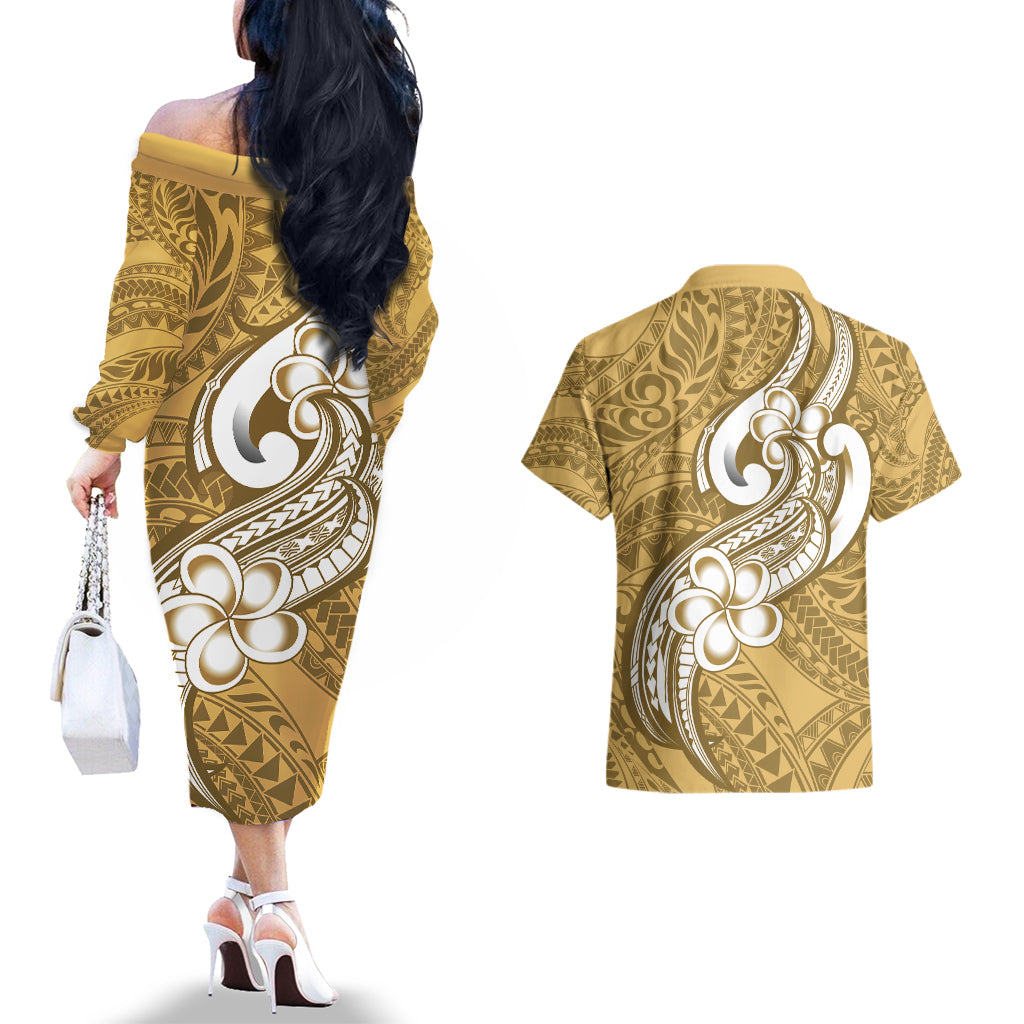 Polynesia Couples Matching Off The Shoulder Long Sleeve Dress and Hawaiian Shirt Plumeria With Tribal Pattern Yellow Pastel Vibes LT14 - Polynesian Pride