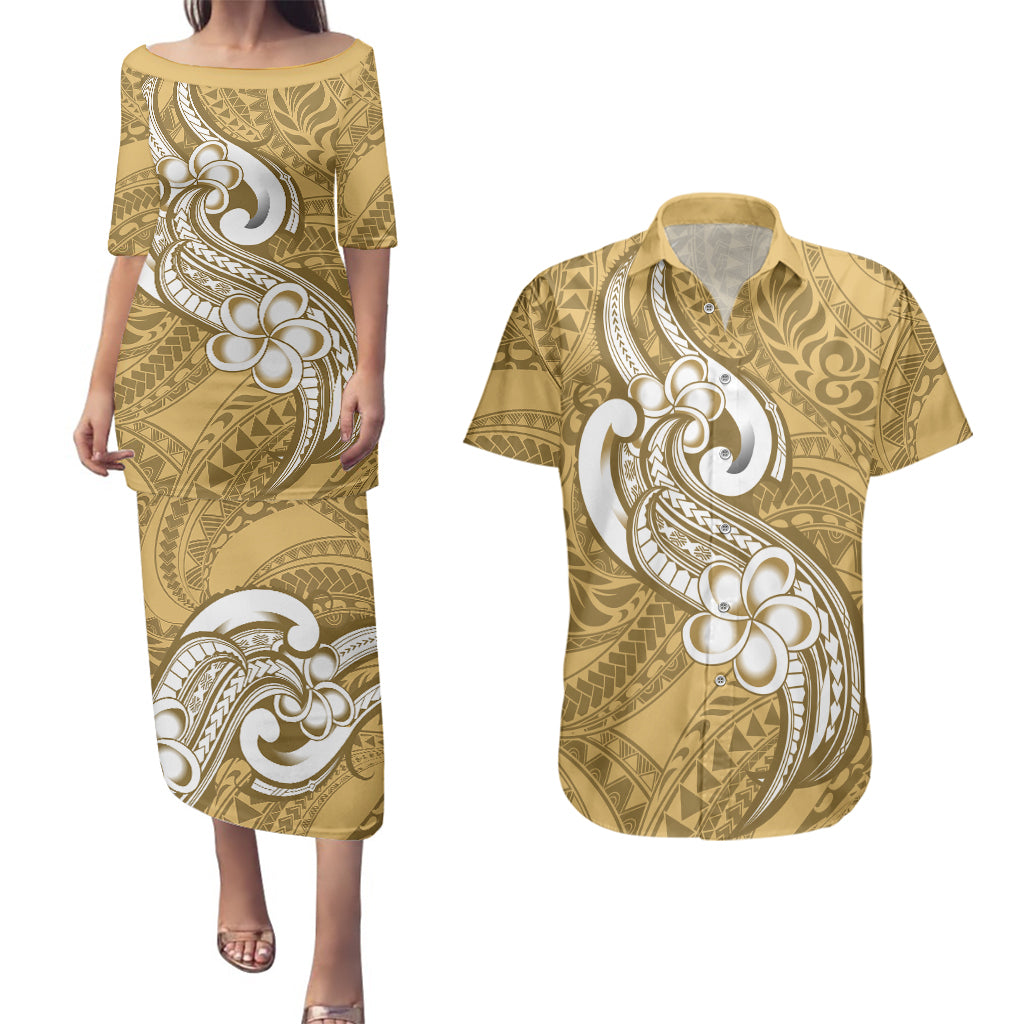 Polynesia Couples Matching Puletasi Dress and Hawaiian Shirt Plumeria With Tribal Pattern Yellow Pastel Vibes LT14 Yellow - Polynesian Pride
