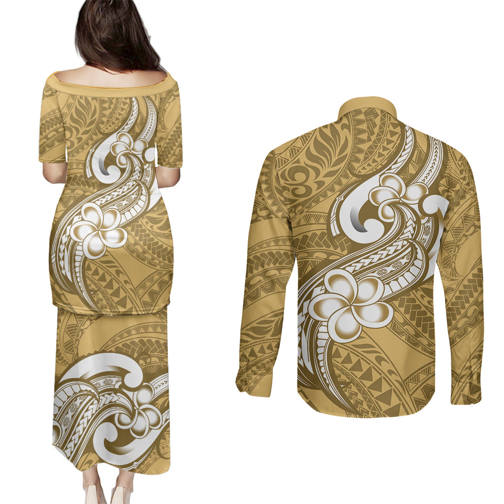 Polynesia Couples Matching Puletasi Dress and Long Sleeve Button Shirts Plumeria With Tribal Pattern Yellow Pastel Vibes LT14 - Polynesian Pride