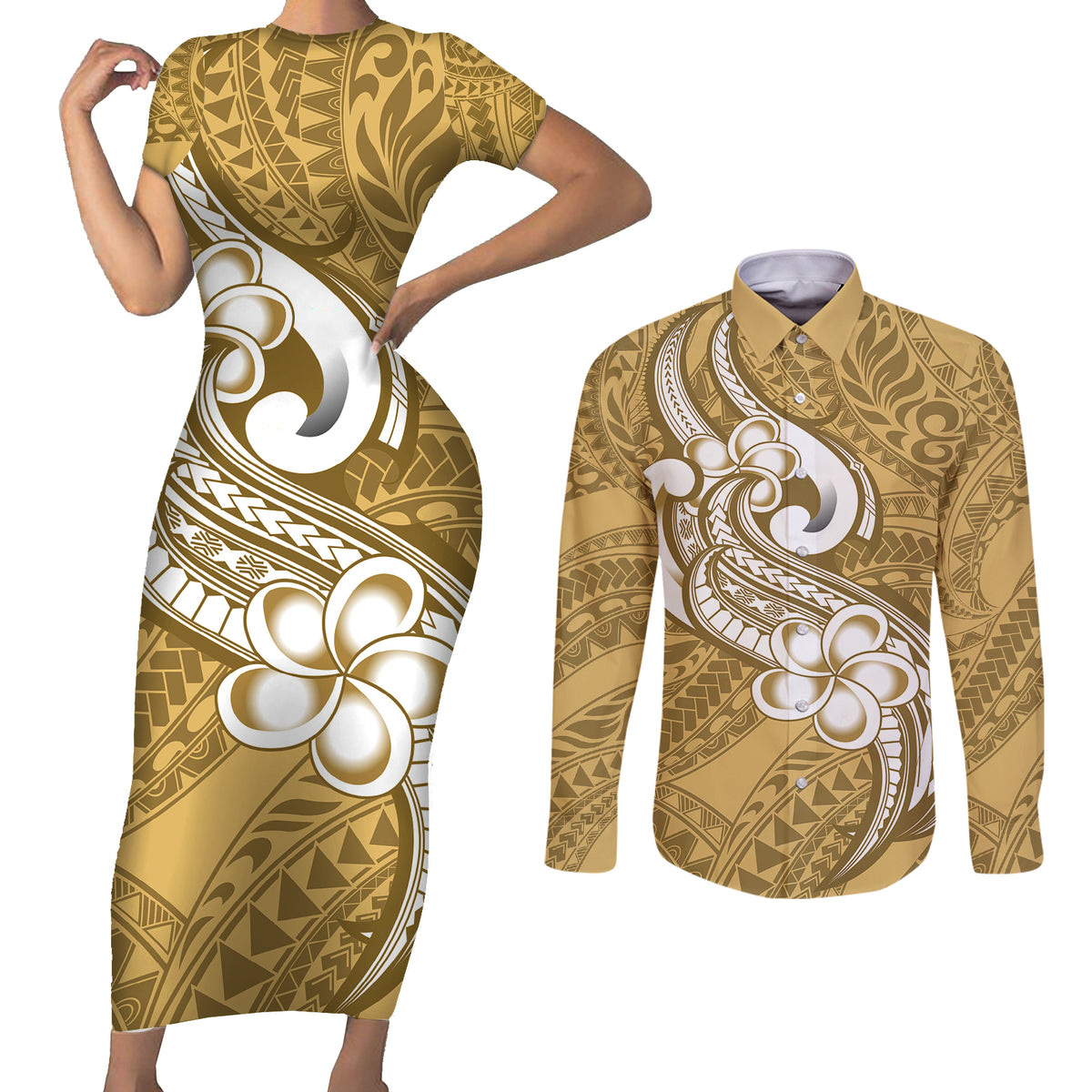 Polynesia Couples Matching Short Sleeve Bodycon Dress and Long Sleeve Button Shirts Plumeria With Tribal Pattern Yellow Pastel Vibes LT14 Yellow - Polynesian Pride