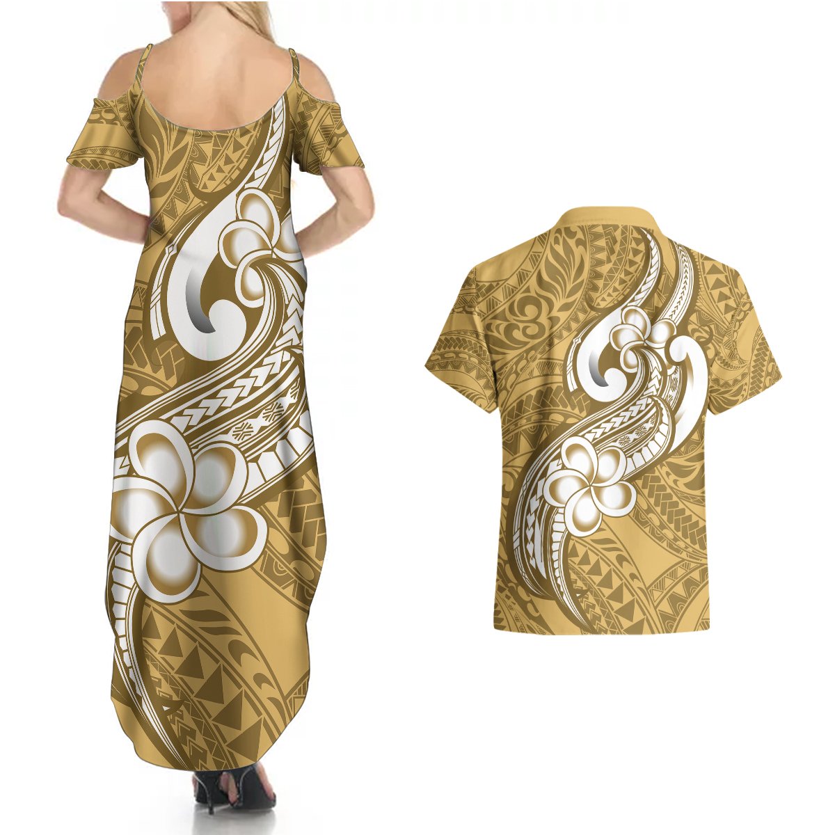 Polynesia Couples Matching Summer Maxi Dress and Hawaiian Shirt Plumeria With Tribal Pattern Yellow Pastel Vibes LT14 - Polynesian Pride