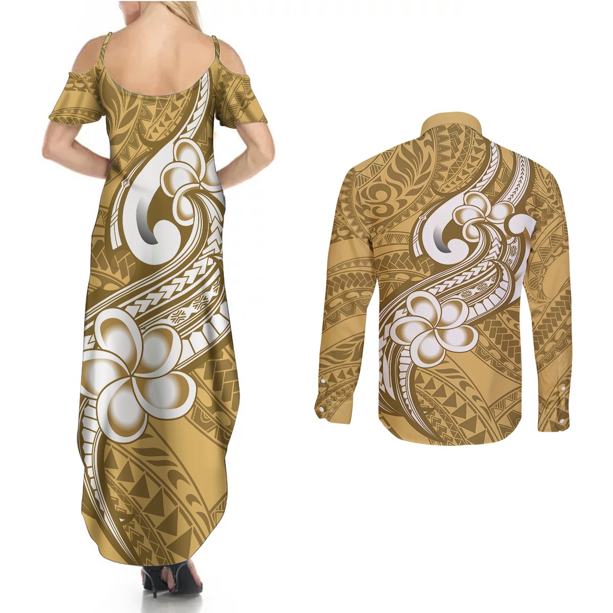 Polynesia Couples Matching Summer Maxi Dress and Long Sleeve Button Shirts Plumeria With Tribal Pattern Yellow Pastel Vibes LT14 - Polynesian Pride