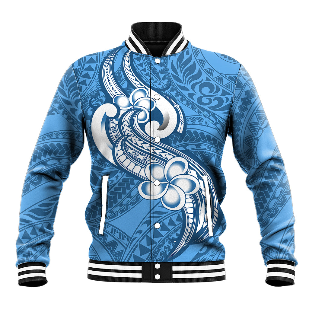 Polynesia Baseball Jacket Plumeria With Tribal Pattern Blue Pastel Vibes LT14 Unisex Blue - Polynesian Pride