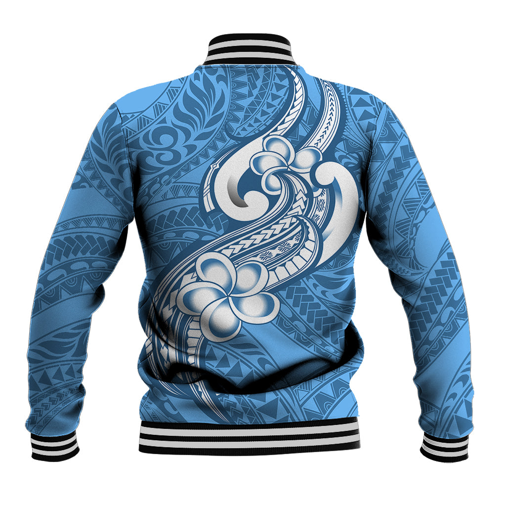 Polynesia Baseball Jacket Plumeria With Tribal Pattern Blue Pastel Vibes LT14 - Polynesian Pride