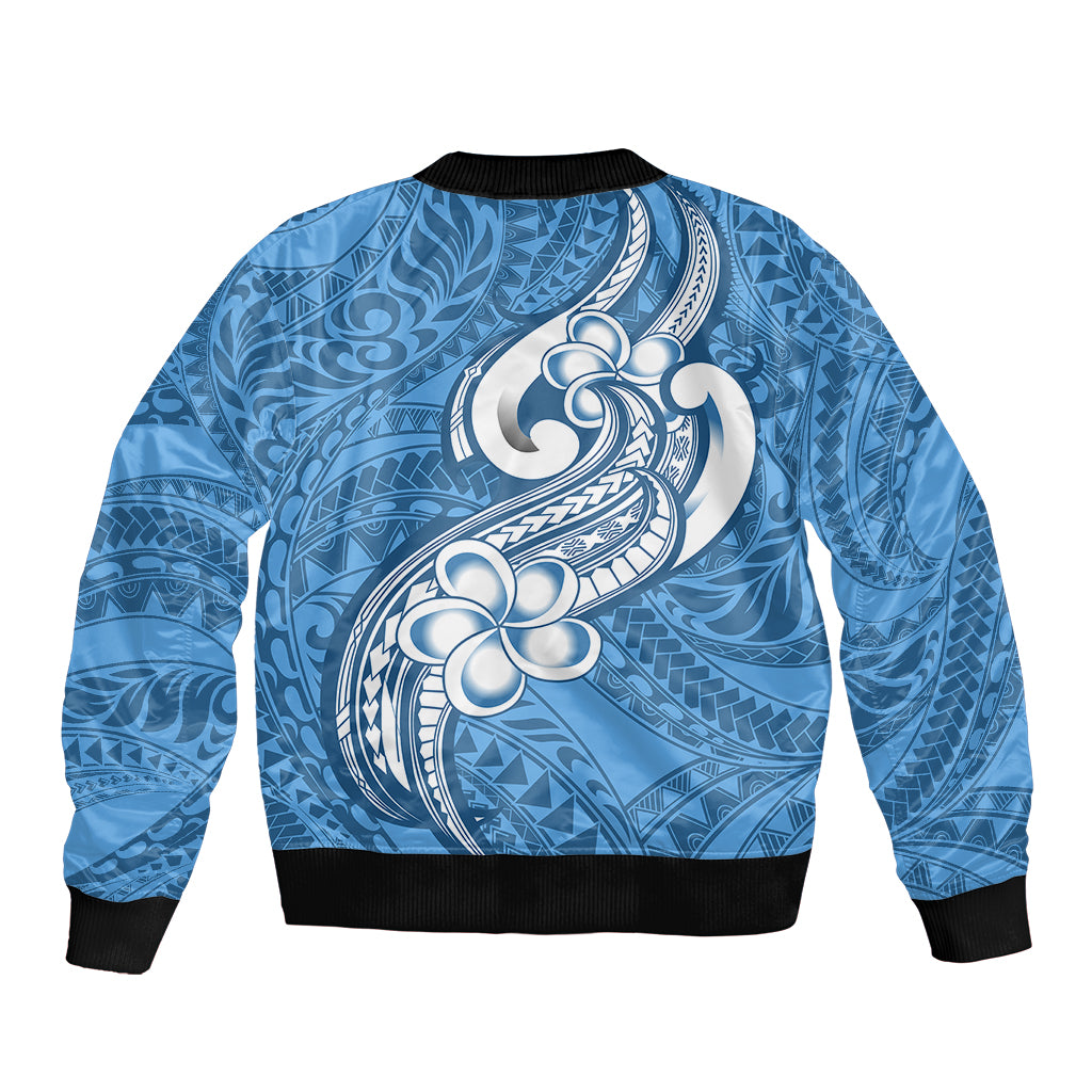 Polynesia Bomber Jacket Plumeria With Tribal Pattern Blue Pastel Vibes LT14 - Polynesian Pride