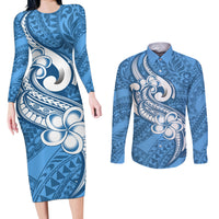 Polynesia Couples Matching Long Sleeve Bodycon Dress and Long Sleeve Button Shirts Plumeria With Tribal Pattern Blue Pastel Vibes LT14 Blue - Polynesian Pride